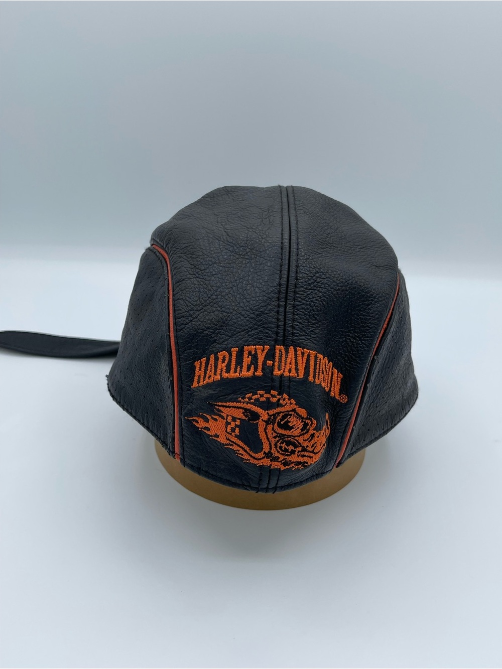 Harley-Davidson Black Leather Skull & Flame Biker Cap with Orange Trim